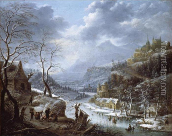 A Mountainous Winter Landscape With Skaters On A Frozen Lake Oil Painting - Johann Christian Vollerdt or Vollaert