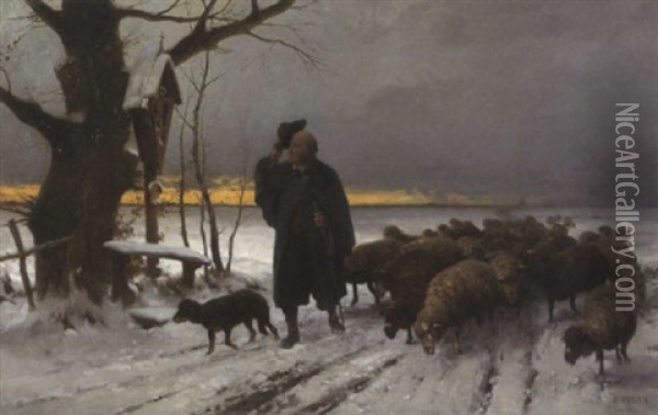 Schafer Mit Seiner Herde In Winterlicher Landschaft Oil Painting - Adolf Ernst Meissner