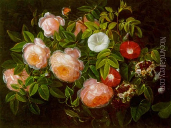 Opstilling Med Lyserode Roser, Hvide, Rode Og Bla Snerler Samt Kaprifolium Oil Painting -  Louise (Queen of Denmark)
