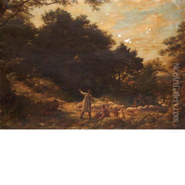 A Woody Lane Oil Painting - James Thomas Linnell