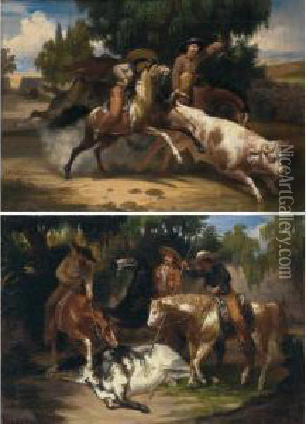A Pair Of Paintings: Lanceando Un Toro And La Muerte Del Toro Oil Painting - Juan Urruchi