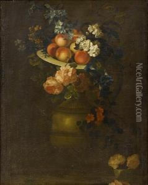 A Dish Of Peaches On A Stone Urn With Roses, Convolvulus, Narcissi And Other Flowers Oil Painting - Heroman Van Der Mijn