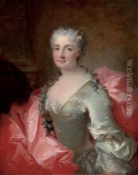 Portrait Of A Lady Said To Be 
Duchesse De Chateauroux, Seated, Half-length, In A Lace Trim Dress With A
 Red Silk Wrap, Flowers In Her Hair And A Garland Of Flowers Around Her 
Neck Oil Painting - Robert Tournieres