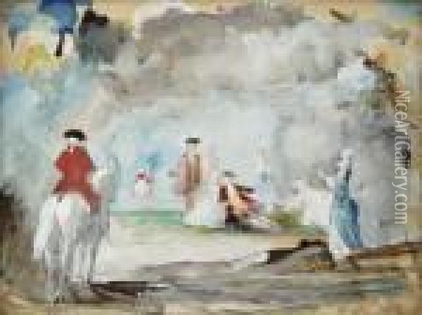 Personnages Et Cavaliers Oil Painting - Watteau, Jean Antoine