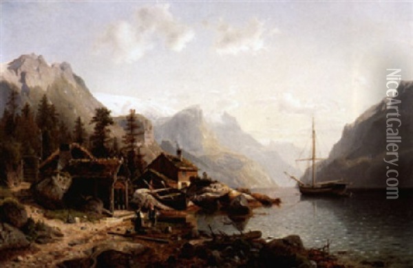 Fischerboot In Einem Fjord Oil Painting - Johannes Bartholomaeus Duntze