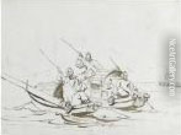 Fishermen, Possibly Off The Coast Of Macau Oil Painting - George Chinnery