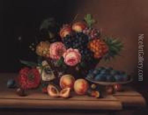 A Basket Of Grapes, Apples, 
Roses And A Pineapple With Peaches,plums And Other Flowers On A Stone 
Ledge Oil Painting - Georg Seitz