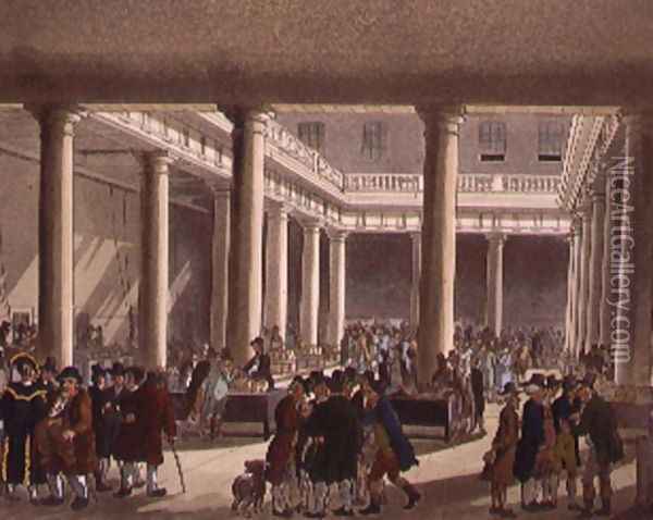 The Corn Exchange from Ackermanns Microcosm of London 1808 Oil Painting - T. Rowlandson & A.C. Pugin