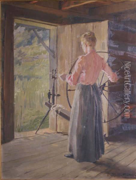East Tennessee Mountain Woman Spinning Oil Painting - Lenore Doster Cooke