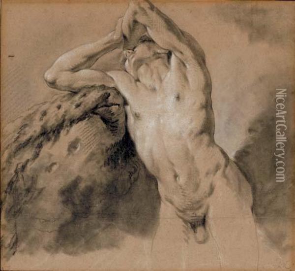 Homme Nu Appuye Contre Un Rocher, Les Mains Sur La Tete Oil Painting - Jean-Baptiste Descamps