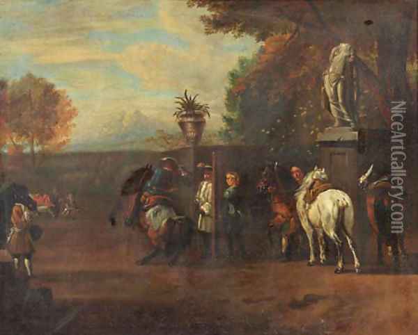 A hunting party and cavalrists at a riding school, in Italianate landscapes Oil Painting - Pieter van Bloemen