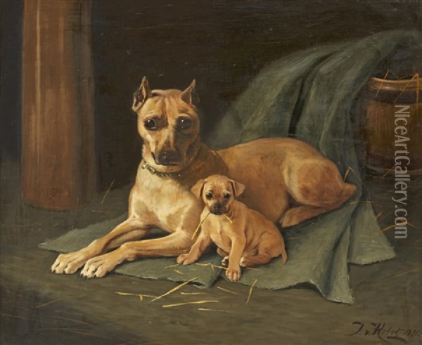 Hund Med Valp Oil Painting - Johan-Gustaf von Holst