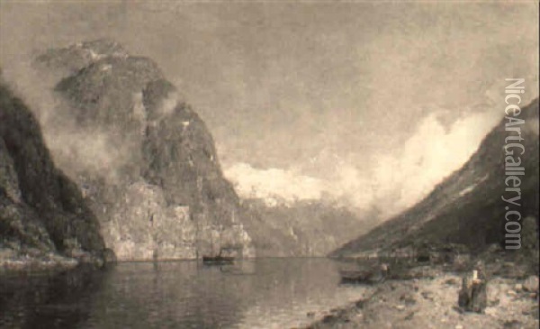 A Norwegian Fjord Oil Painting - Georg Anton Rasmussen