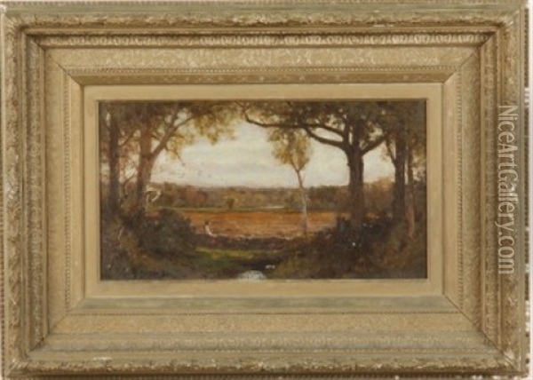 Landscape With Figure Sitting On Stone Wall Oil Painting - George Inness