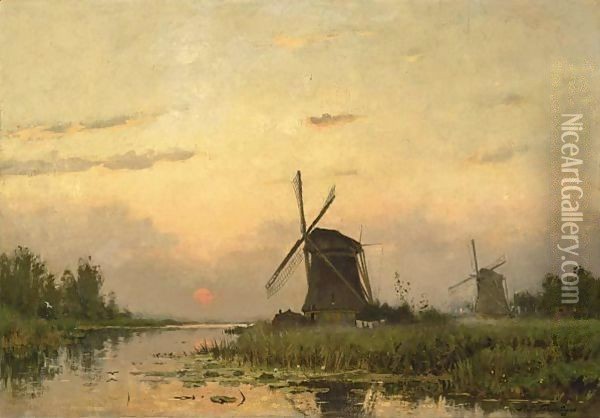 Windmills At Dawn In A Summer Landscape Oil Painting - Petrus Paulus Schiedges