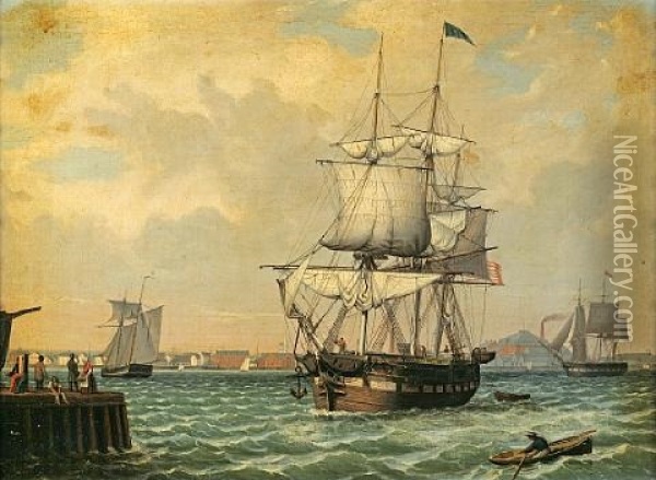 Shipping In A Harbor (new York?) Oil Painting - Fitz Henry Lane