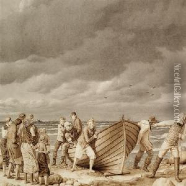 Fishermen From Hornbaek Saving The Captain From A Stranded Ship Oil Painting - Christoffer Wilhelm Eckersberg