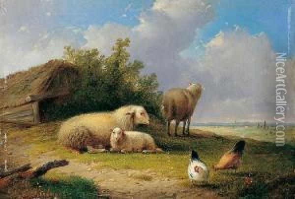 Landschaft Mit Schafen Und Huhnern Oil Painting - Auguste Coomans