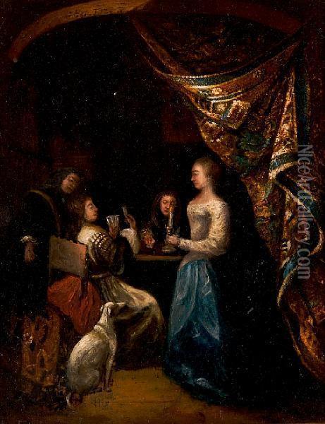 Interior With Figures Beside Drapedtable Oil Painting - Willem van Mieris