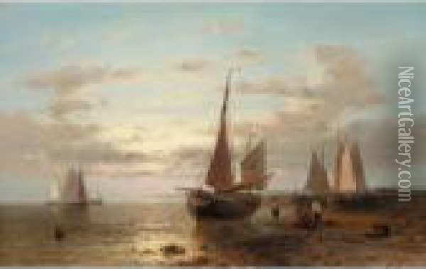 Fisherman And Their Boats At Evening, Other Boats Offshore Oil Painting - Abraham Hulk Jun.