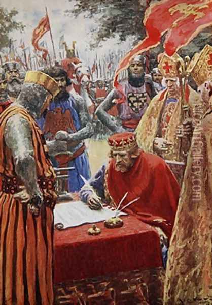 King John signing the Magna Carta reluctantly Oil Painting - A.C. Michael