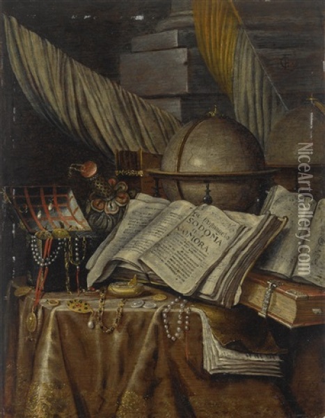 A Vanitas Still Life With A Globe, Books, And A Box Of Jewels All Resting On A Draped Table Oil Painting - Edward Collier