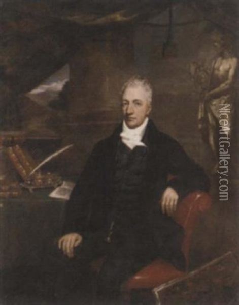 Portrait Of A Gentleman, Henry Grattan (?), In A Black Suit, At A Writing Desk, A Folio By His Side, Before A Classical Sculpture, A Landscape Beyond Oil Painting - Maria Spilsbury