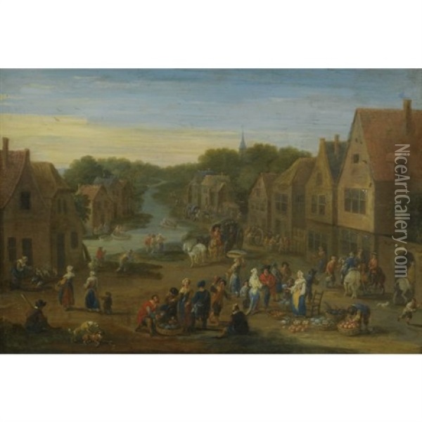 A Village Landscape With Numerous Figures At A Vegetable Market, A Stream Passing Through Beyond Oil Painting - Mathys Schoevaerdts