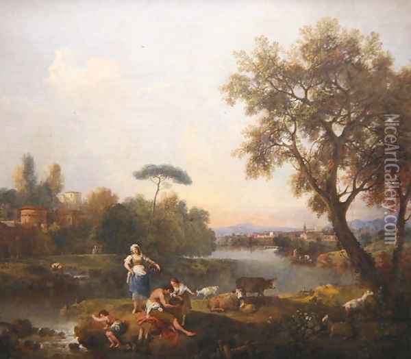 Landscape with a Boy Fishing, c.1740-50 Oil Painting - Francesco Zuccarelli