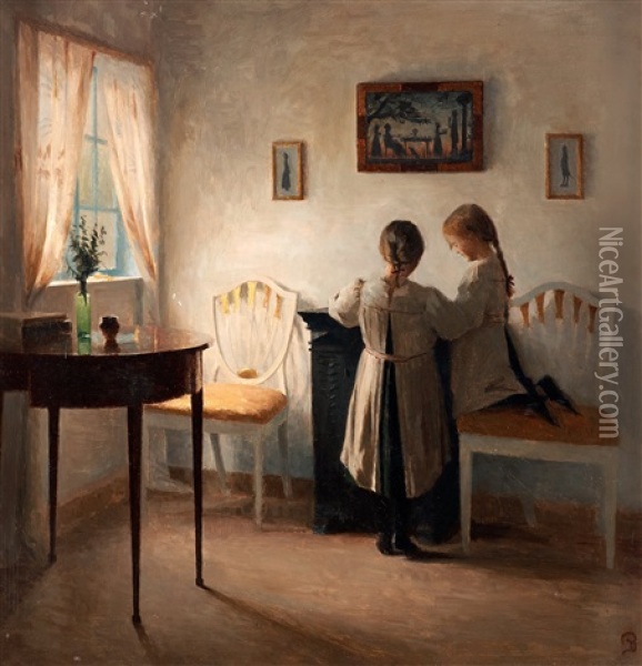 Interior Med Tva Flickor Oil Painting - Peter Vilhelm Ilsted