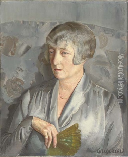 Portrait Of A Woman Holding A Green Fan Oil Painting - Boris Dmitrievich Grigoriev
