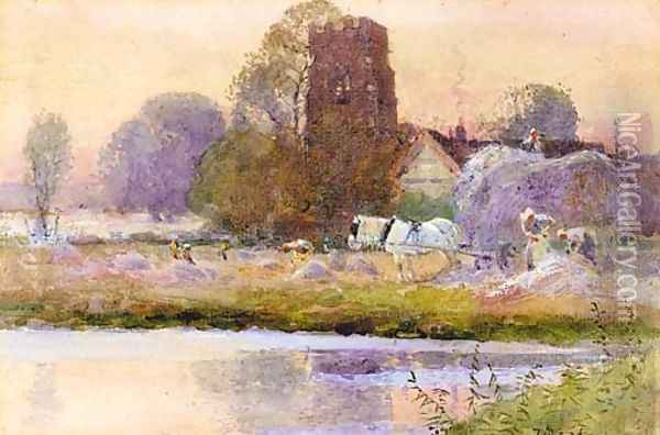 Weston Church and meadows, Warwickshire Oil Painting - Thomas Mackay
