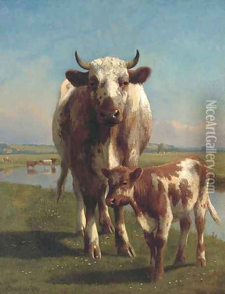 A shorthorn cow and calf Oil Painting - William Sidney Cooper