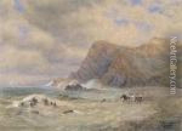 Coastal Scene With Wreckers By The Cliffs Oil Painting - David Cox