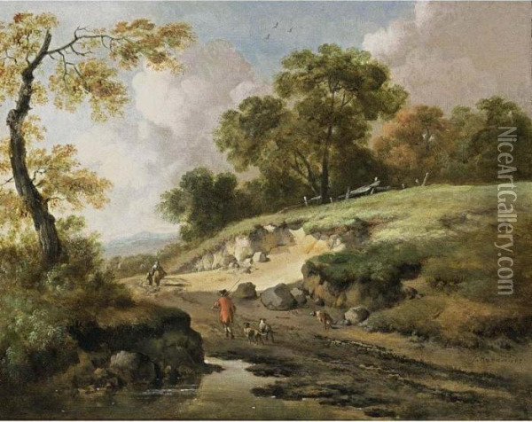 A Sunlit Dune Landscape With A Huntsman And His Dogs And Other Travellers On A Path Oil Painting - Jan Wijnants