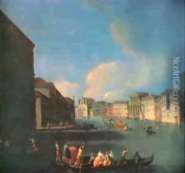 Veduta Veneziana Del Canal Grande Con Le Chiese Di Santa    Lucia E Degli Scalzi Oil Painting - Giovanni Richter
