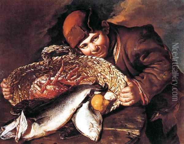 Boy with a Basket of Fish Oil Painting - Giacomo Ceruti (Il Pitocchetto)