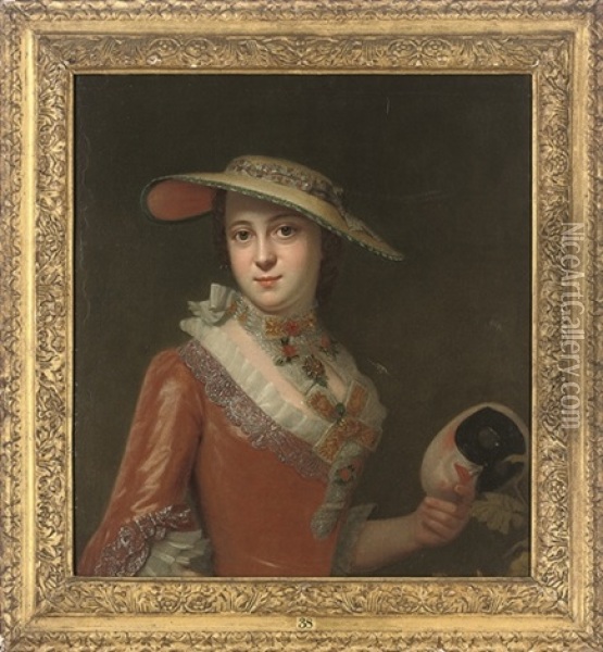Portrait Of A Lady, Half-length, In A Red Embroidered Dress, And A Straw Hat, A Mask In Her Left Hand Oil Painting - Antoine Pesne