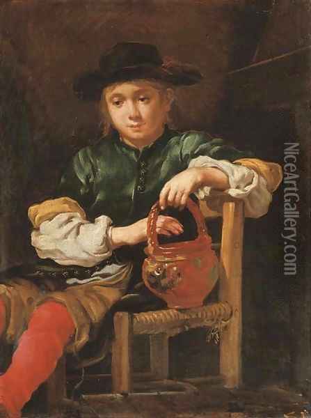 A boy seated holding a red pot with his left hand Oil Painting - Bernardo Keilhau