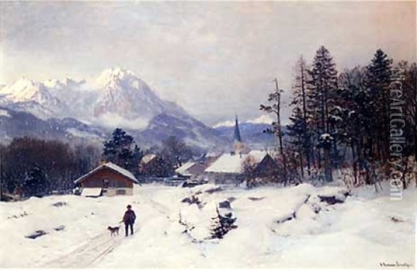 A Hunter In A Winter Landscape Oil Painting - Anders Andersen-Lundby