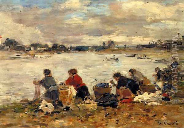 Laundresses on the Banks of the Touques2 1894-1897 Oil Painting - Eugene Boudin