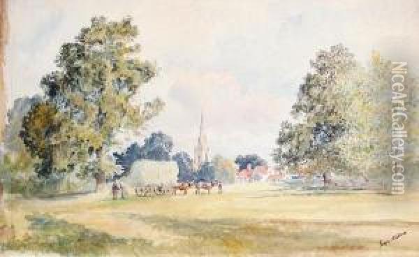 A Collection Of Watercolours Consisting Of Village Scenes, A Country Landscape, Castle Ruins And A Beached Hull Oil Painting - George Nattress