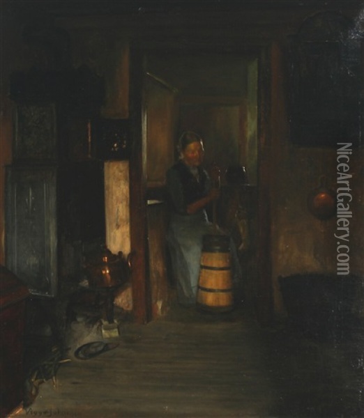 Interior With A Woman Churning Butter Oil Painting - Viggo Johansen