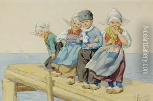 Children On The Dock; Also Five Other Scenes Depictingchildren Oil Painting - Karl Feiertag