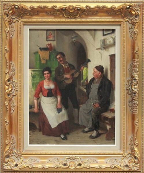Liebesstandchen In Der Bauerstube Oil Painting - Josef Kinzel