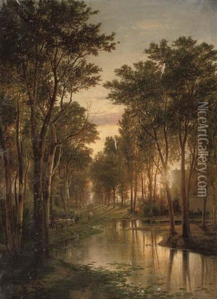 Cattle Watering By The River's Edge At Dusk Oil Painting - Guido Carmignani