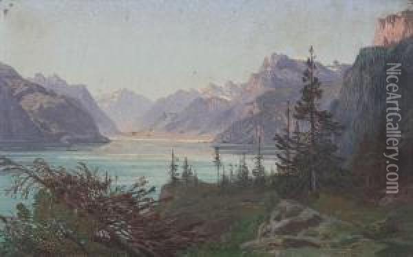 'le Grutly Au Lac Des 4 Cantons Oil Painting - Francois Roffiaen