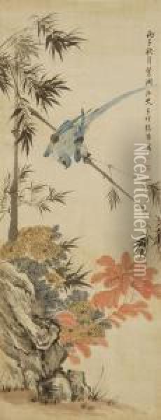 A Bluebird On A Bamboo Branch With Chrysanthemum Oil Painting - Zhang Xiong