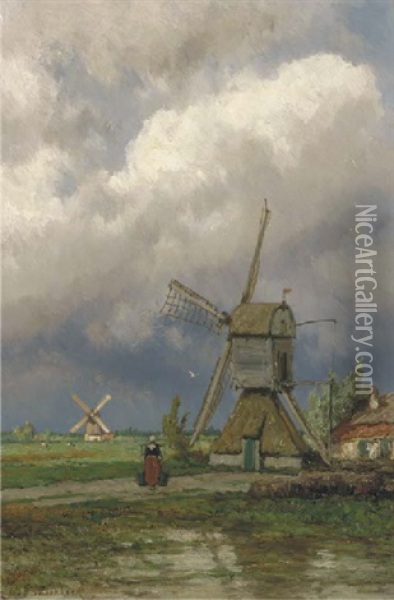 Windmills In A Dutch Polder Landscape Oil Painting - Johannes Hermanus Barend Koekkoek