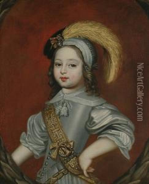 Portrait Of A Young Boy, 
Half-length, In Silver Robes And A Plumed Hat, In A Painted Cartouche Oil Painting - Frans Pourbus the younger